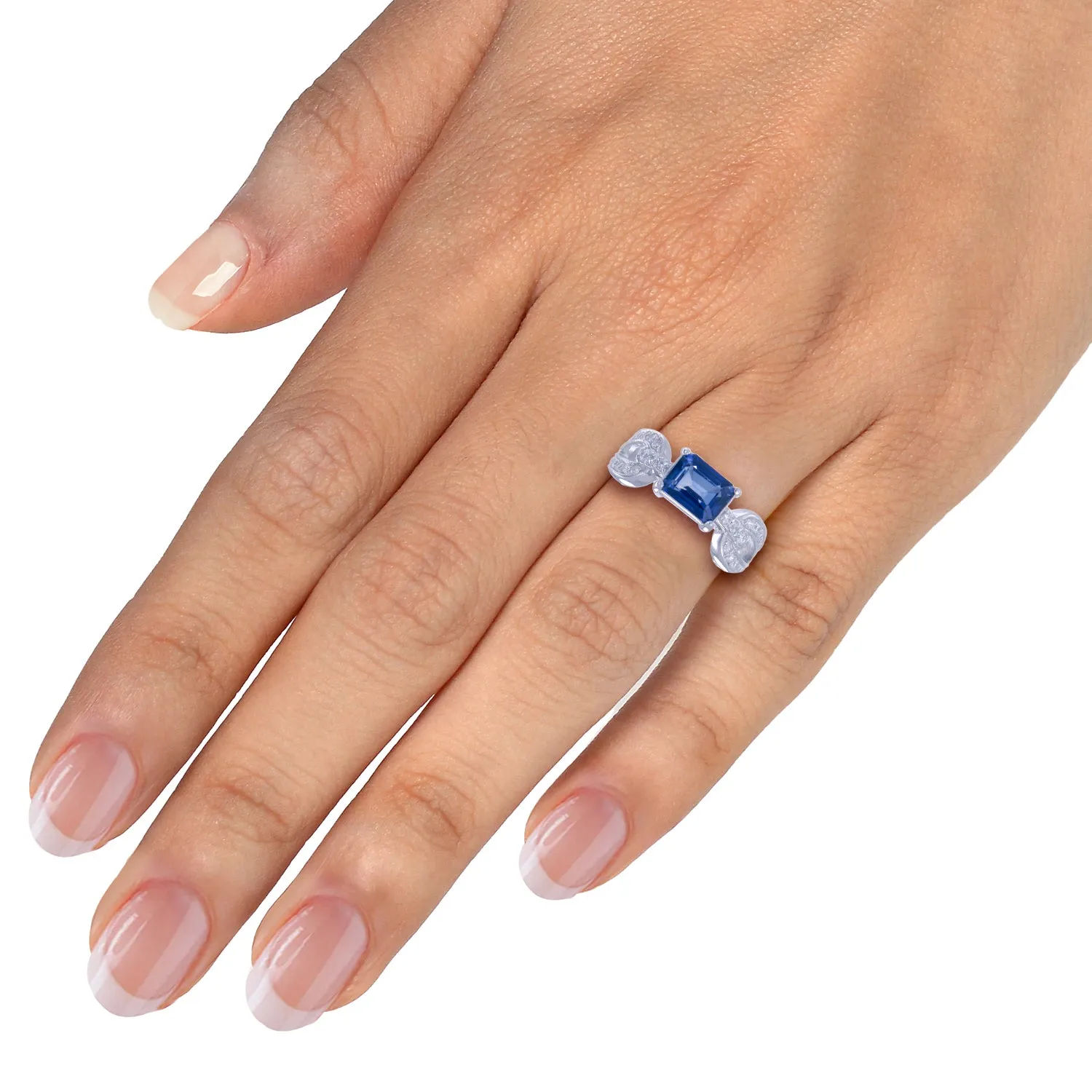 1 cttw Created Blue Sapphire Ring .925 Sterling Silver Emerald 8x6 MM