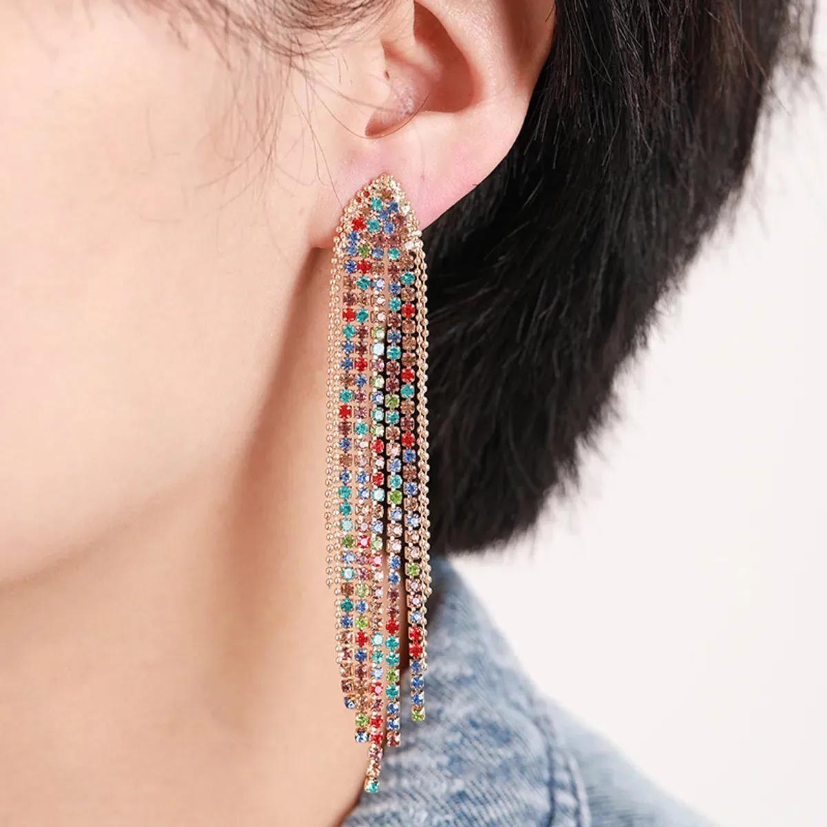 1 Pair Elegant Geometric Tassel Rhinestone Ear Cuffs