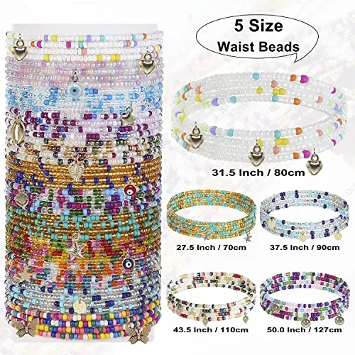 12Pcs Waist Beads for Women Colorful Beaded Body Chain Elastic String Waist Chain Beach Bikini Belly Chains Sexy Body Jewelry for Women Girls 27.5Inch