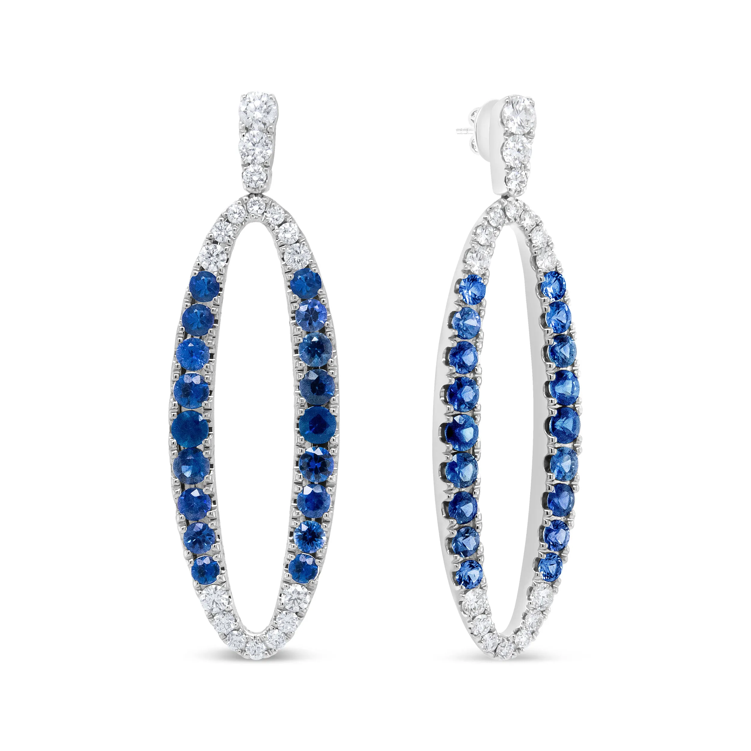 18K White Gold 1.11 Cttw Blue Round Diamond and Blue Sapphire Openwork Oval Shaped Dangle Earrings