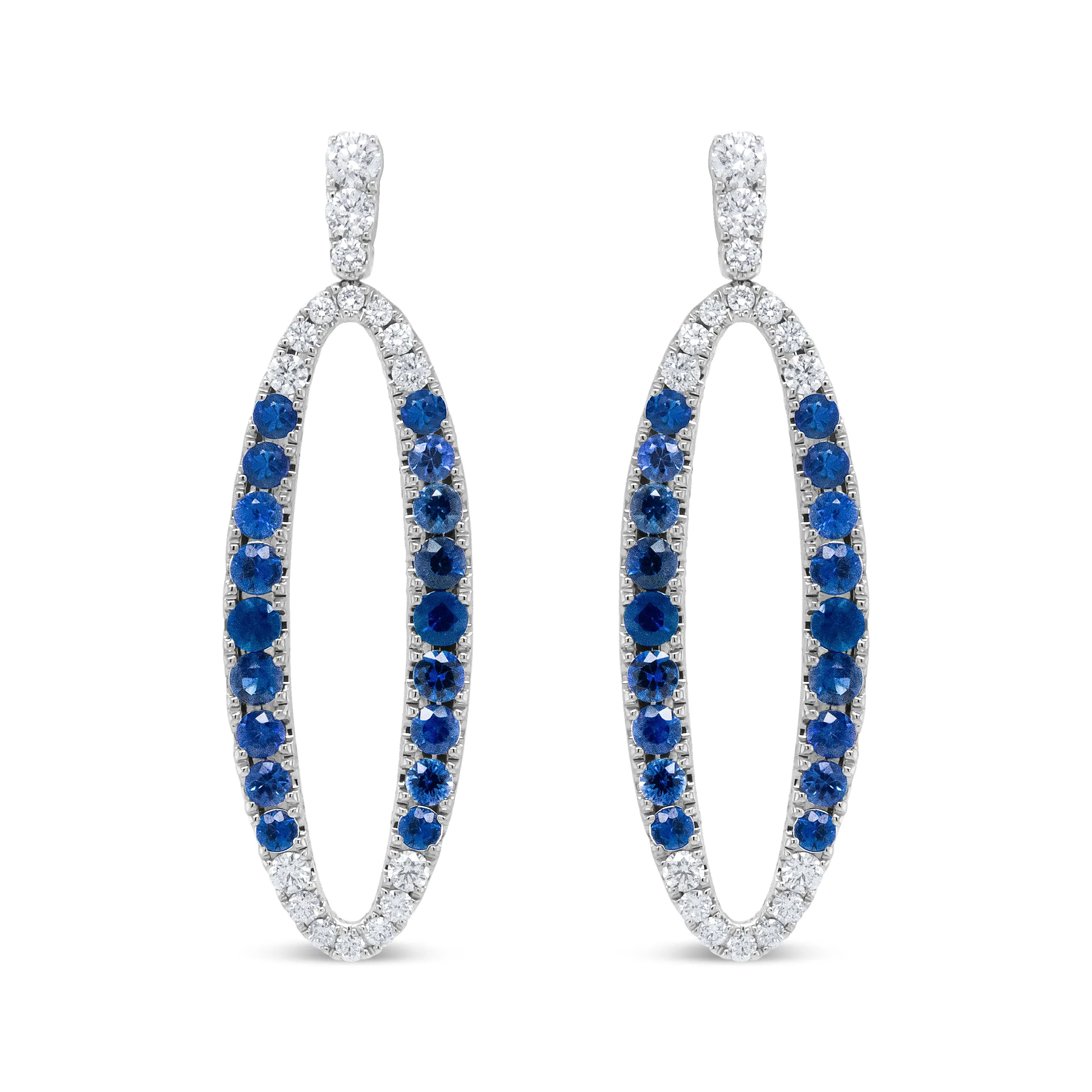 18K White Gold 1.11 Cttw Blue Round Diamond and Blue Sapphire Openwork Oval Shaped Dangle Earrings