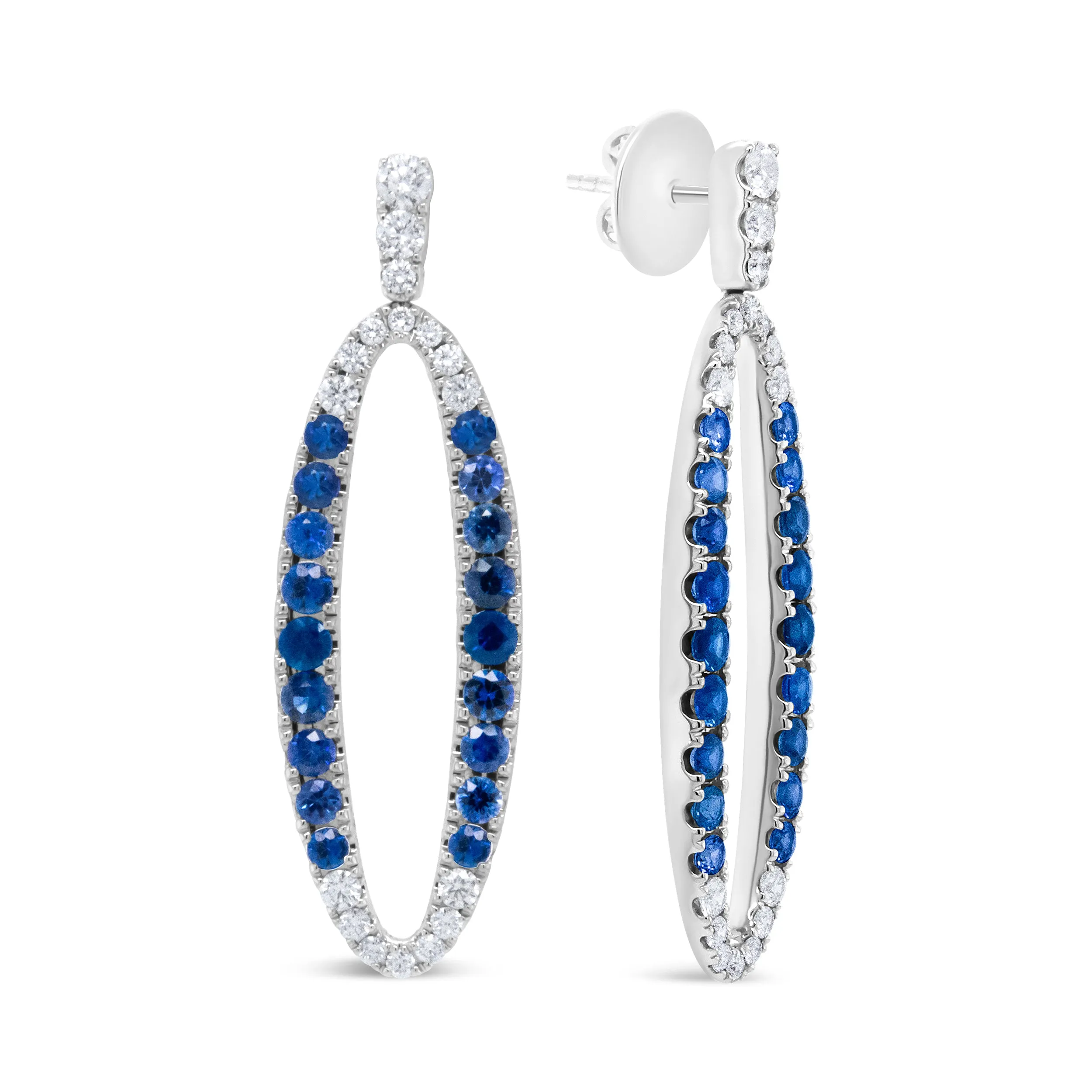 18K White Gold 1.11 Cttw Blue Round Diamond and Blue Sapphire Openwork Oval Shaped Dangle Earrings