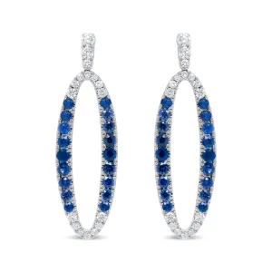 18K White Gold 1.11 Cttw Blue Round Diamond and Blue Sapphire Openwork Oval Shaped Dangle Earrings