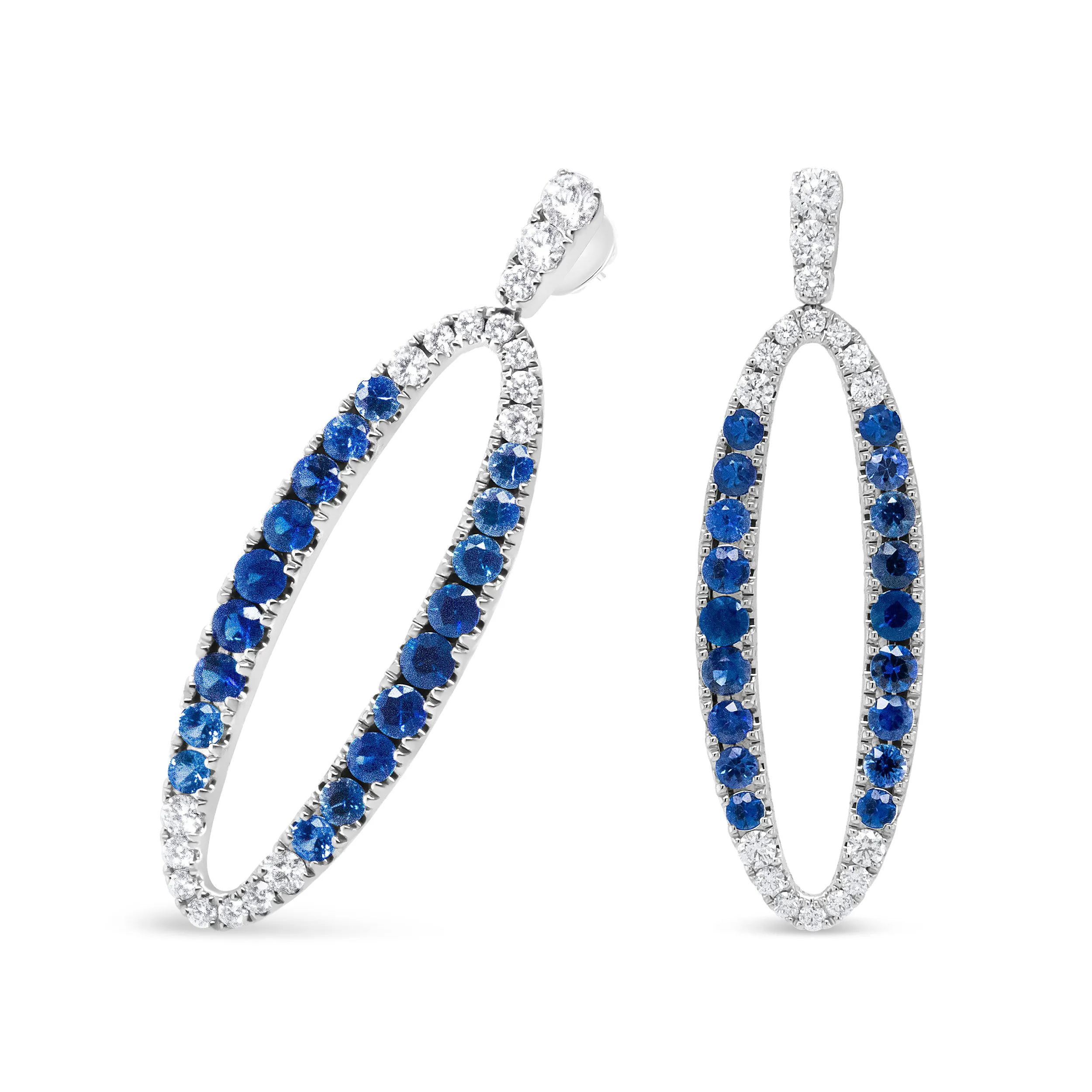 18K White Gold 1.11 Cttw Blue Round Diamond and Blue Sapphire Openwork Oval Shaped Dangle Earrings