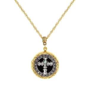 1928 Jewelry Enamel & Baguette Crystal Cross Locket Necklace 16"   3" Extender