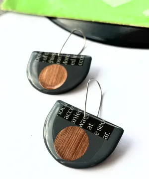 40% OFF /read description/ repurposed vinyl earrings in deep blue grey and copper with a hint of magazine paper