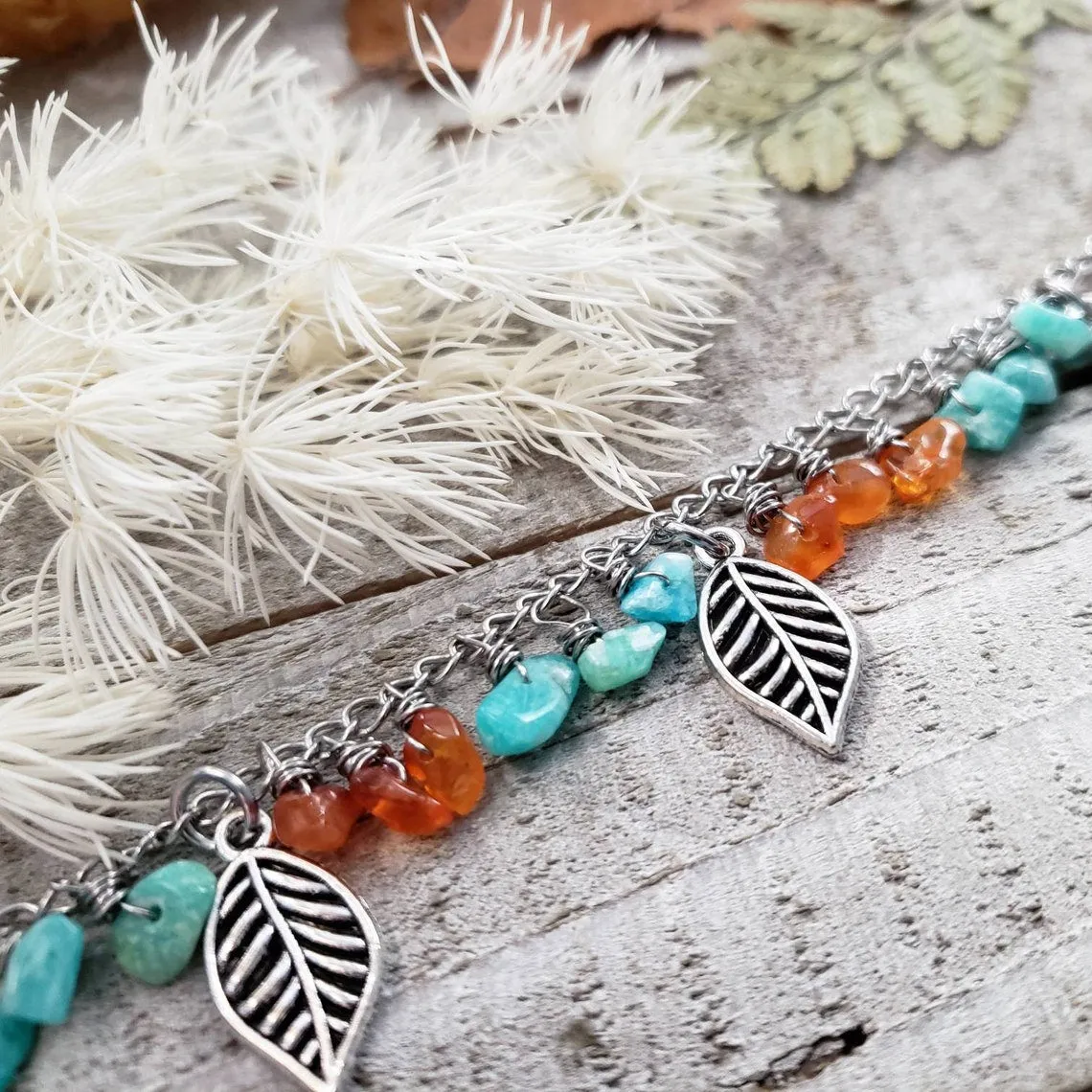 Amazonite gemstone leaf charm anklet