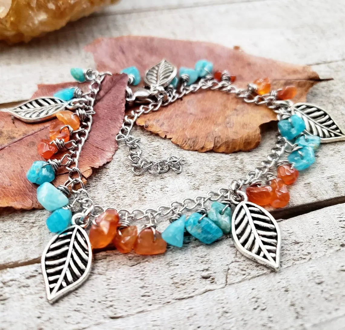 Amazonite gemstone leaf charm anklet