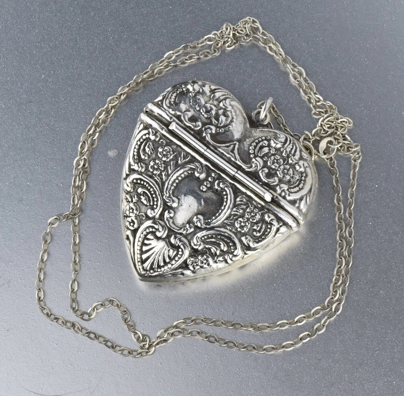 Art Nouveau Style Large Silver Repousse Heart Locket Necklace