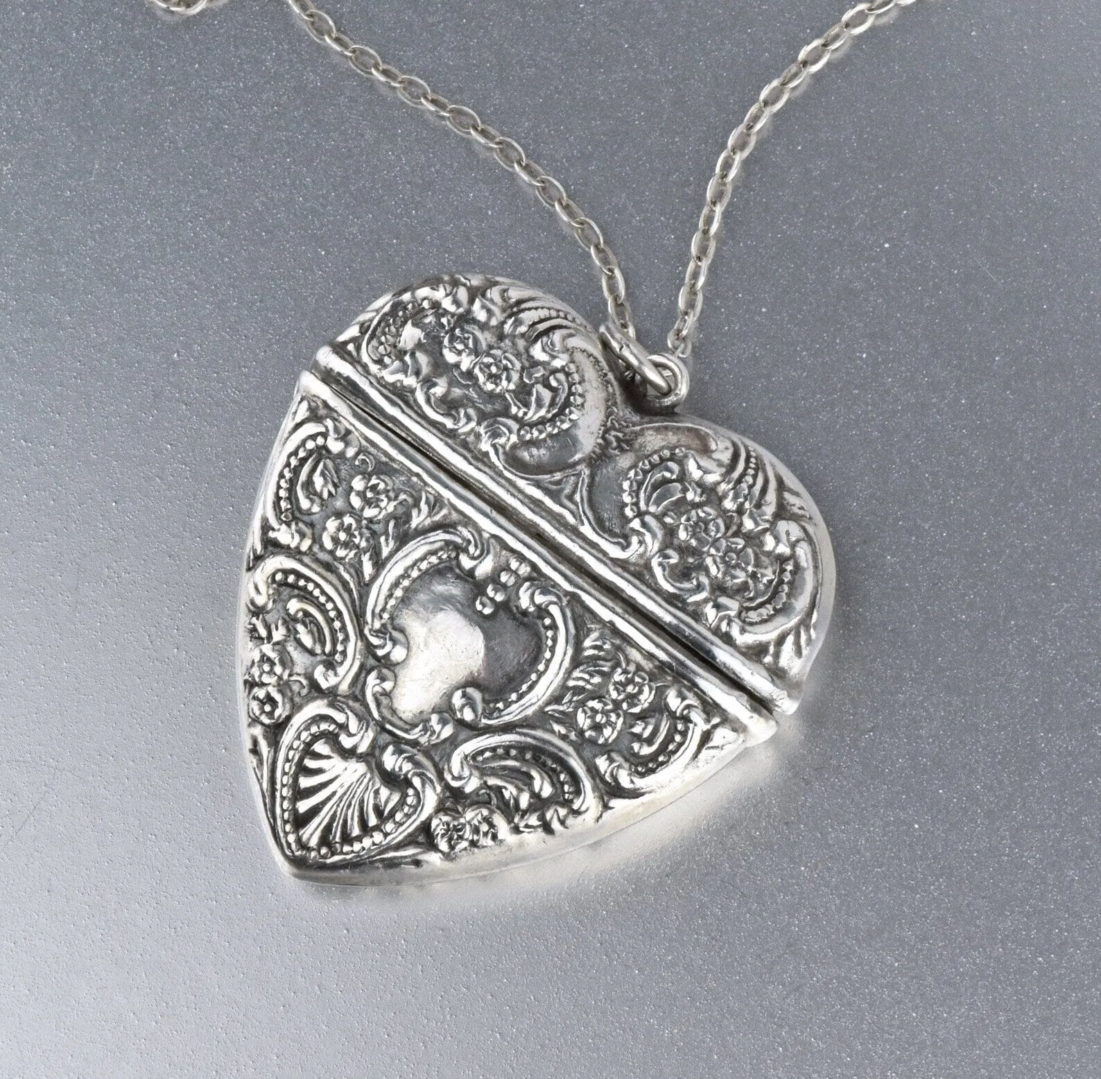 Art Nouveau Style Large Silver Repousse Heart Locket Necklace