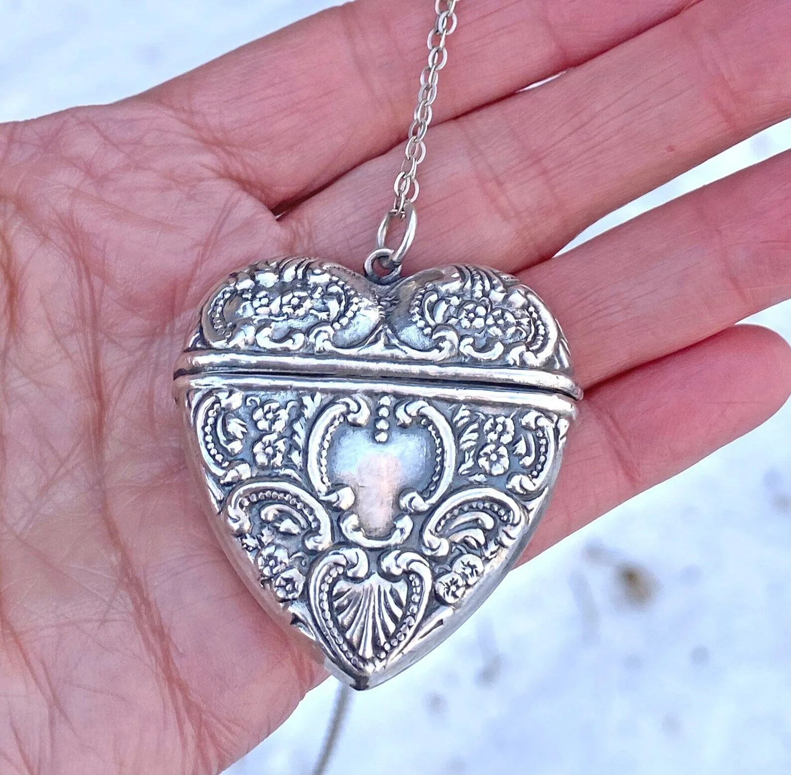 Art Nouveau Style Large Silver Repousse Heart Locket Necklace