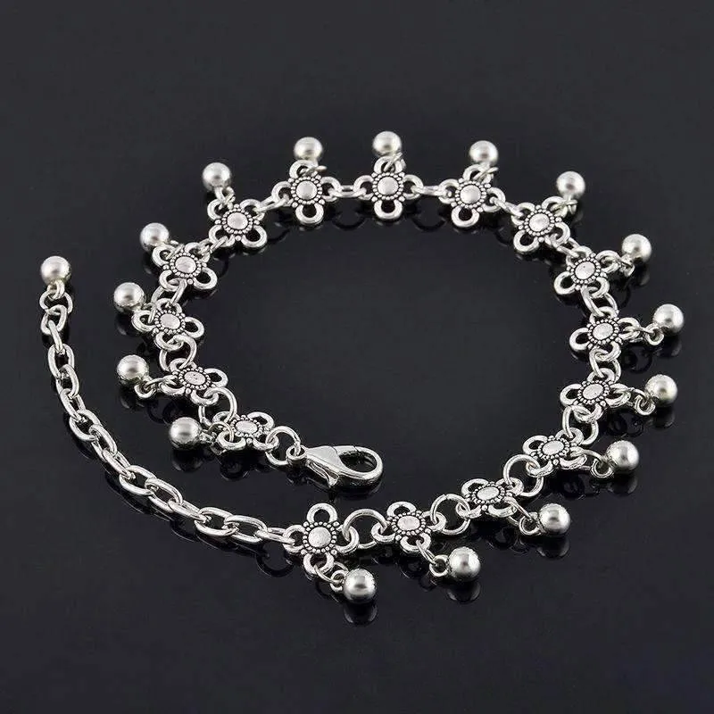 Beaded Medallion Silver Chain Ankle Bracelet Anklet for Women Foot Wear