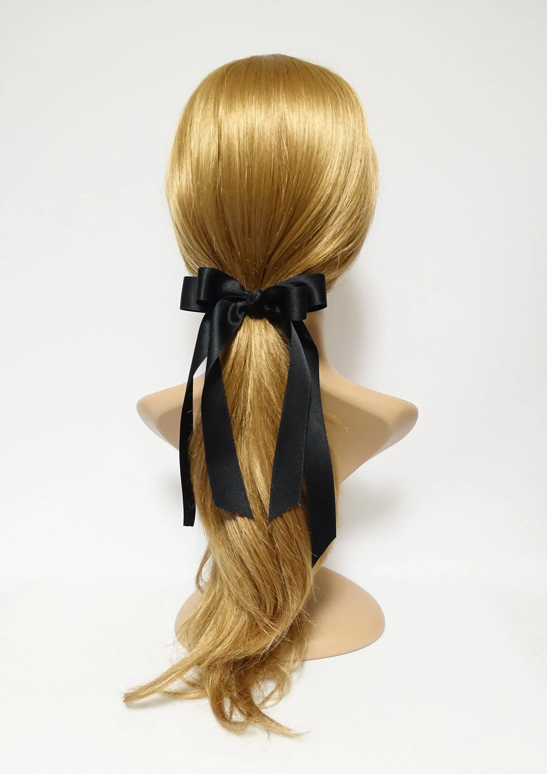 Black cream satin long tail bow hair elastic ponytail holder comb for women