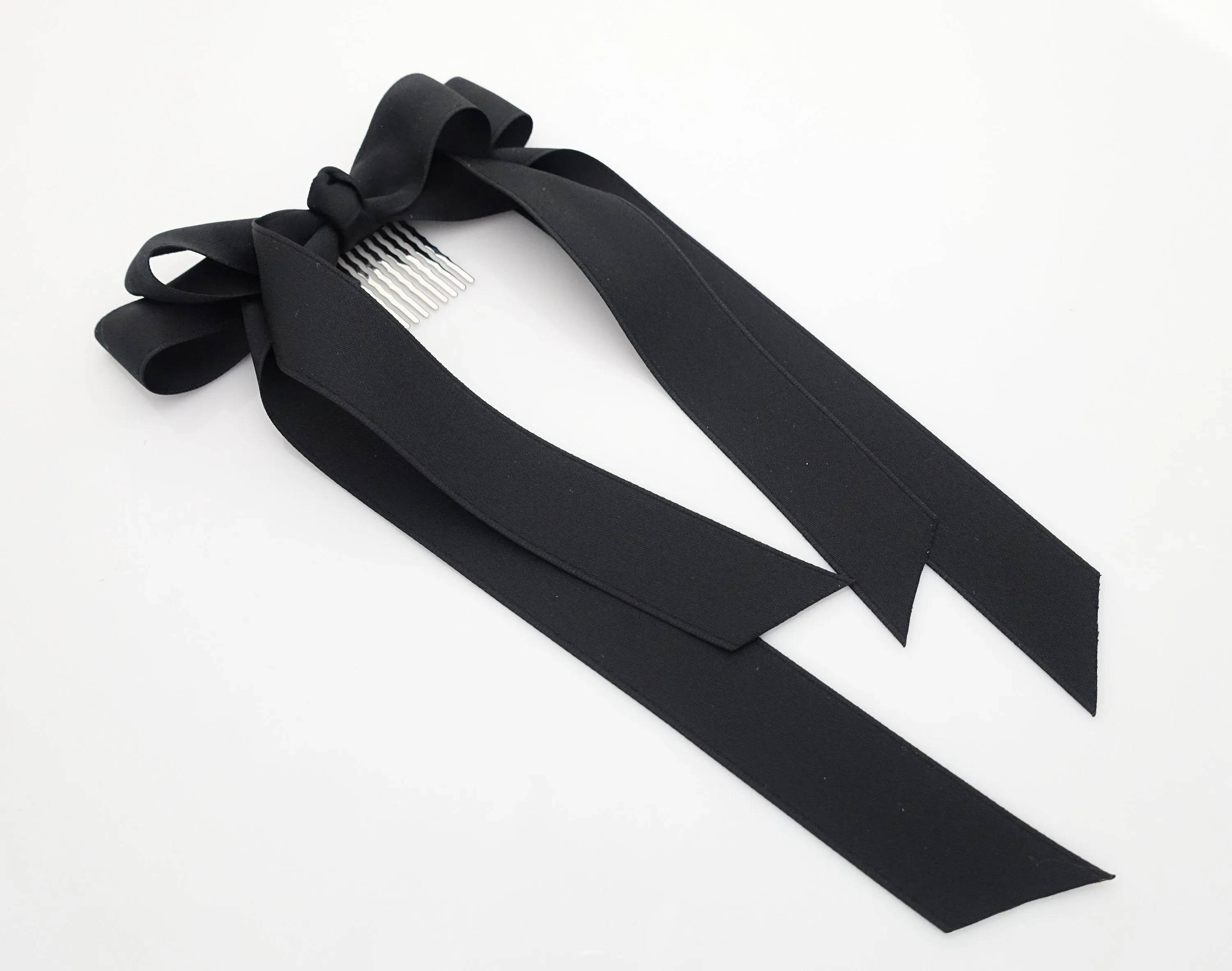 Black cream satin long tail bow hair elastic ponytail holder comb for women