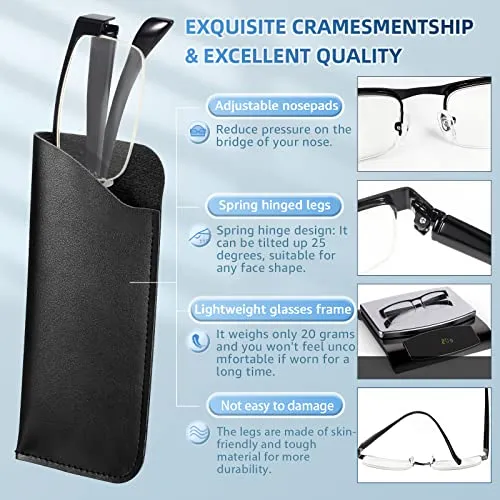 BLS BLUES 5 PACK Mens Eyeglass Cases and Blue light Reading Glasses, Metal Frame Sun Readers with Computer Eyeglasses Lens (4.0X)