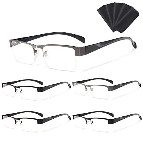 BLS BLUES 5 PACK Mens Eyeglass Cases and Blue light Reading Glasses, Metal Frame Sun Readers with Computer Eyeglasses Lens (4.0X)