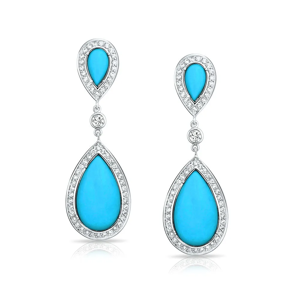 Blue Pear CZ Halo Turquoise Dangle Chandelier Earrings Silver Plated Teardrop