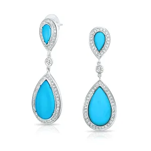 Blue Pear CZ Halo Turquoise Dangle Chandelier Earrings Silver Plated Teardrop