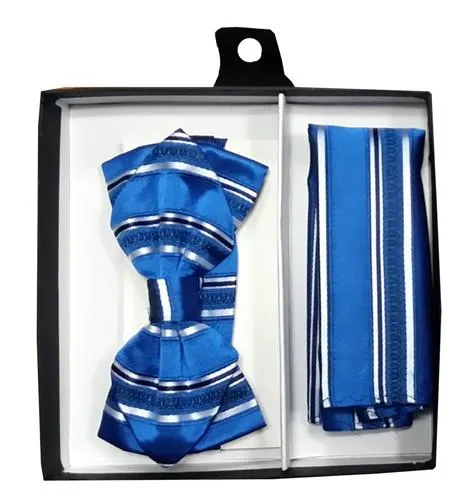 Blue Striped Bow Tie with Pocket Square (Pointed Tip)