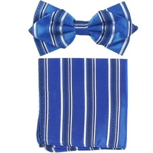 Blue Striped Bow Tie with Pocket Square (Pointed Tip)