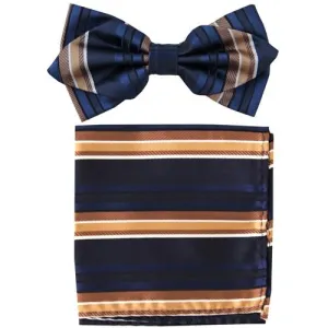 Blue/Brown Striped Bow Tie with Pocket Square (Pointed Tip)