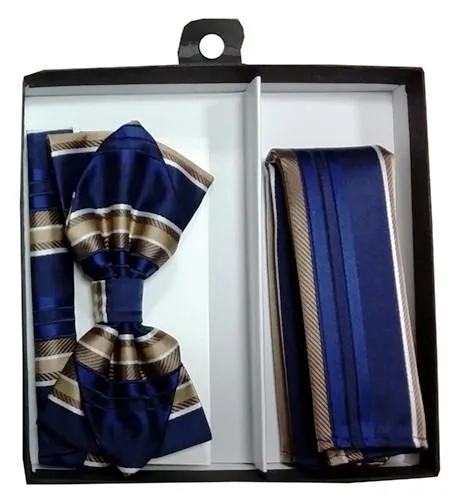 Blue/Brown Striped Bow Tie with Pocket Square (Pointed Tip)