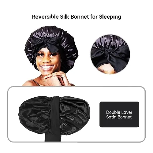 BONNET QUEEN Large Silk Bonnet for Sleeping Satin Bonnet Big Hair Bonnet Jumbo Braid Bonnet Double Layer Tie Bonnets Night Hair Wrap for Women Curly Hair Black