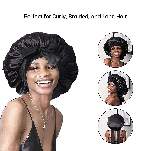 BONNET QUEEN Large Silk Bonnet for Sleeping Satin Bonnet Big Hair Bonnet Jumbo Braid Bonnet Double Layer Tie Bonnets Night Hair Wrap for Women Curly Hair Black