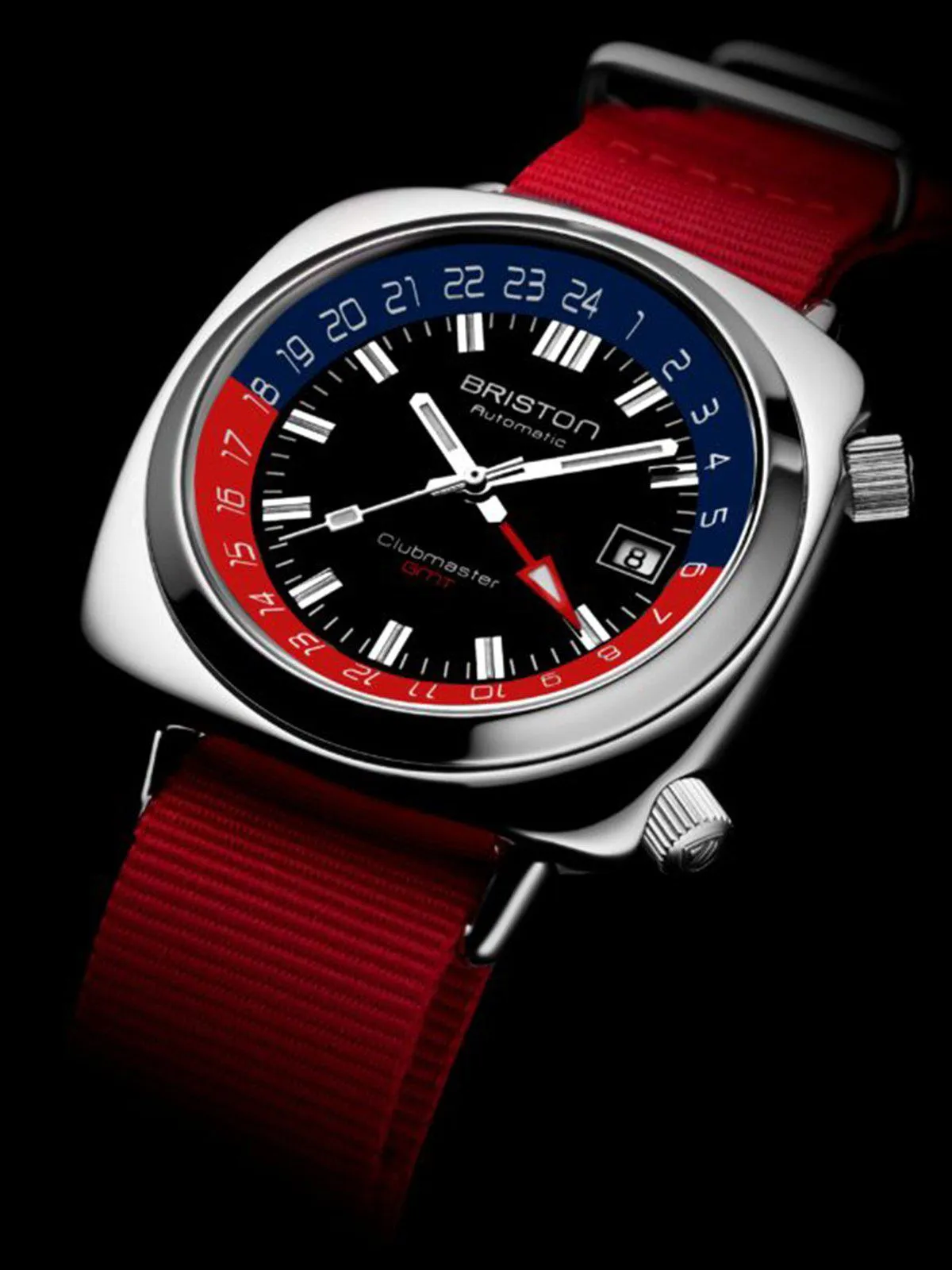 Briston Clubmaster GMT Traveler HMS Automatic Steel Black Dial Red Nato Strap 42mm