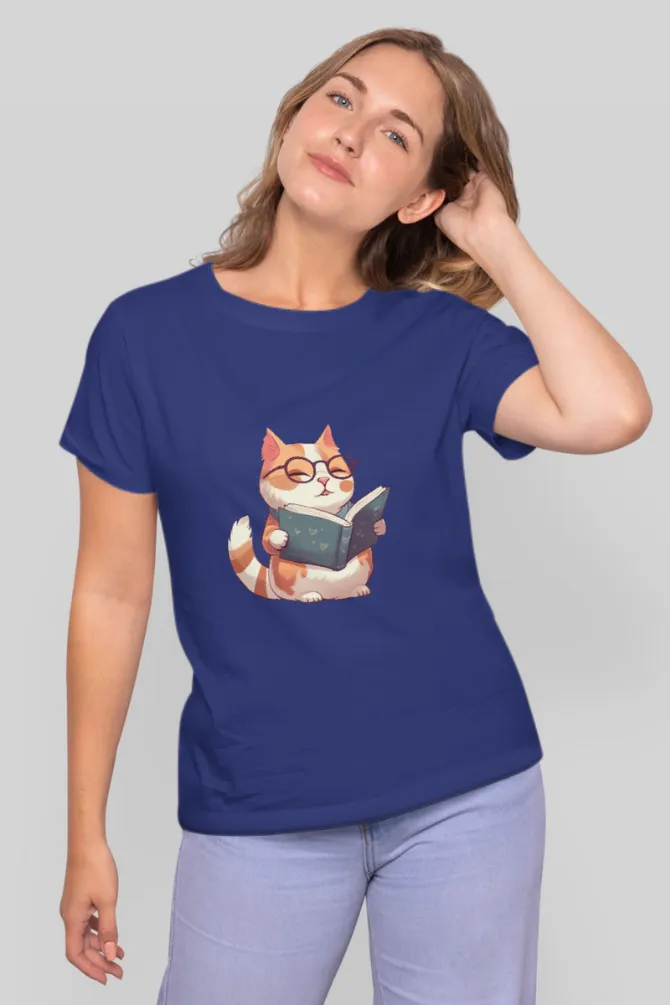 Cat Reading Books Printed T-shirt for women