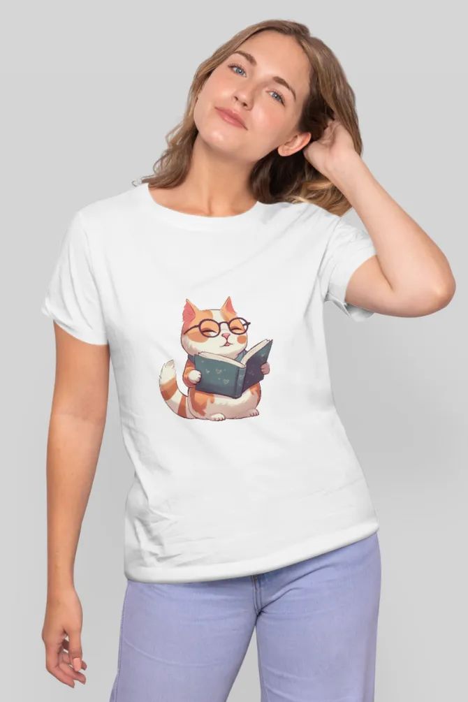 Cat Reading Books Printed T-shirt for women