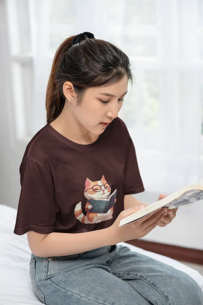 Cat Reading Books Printed T-shirt for women