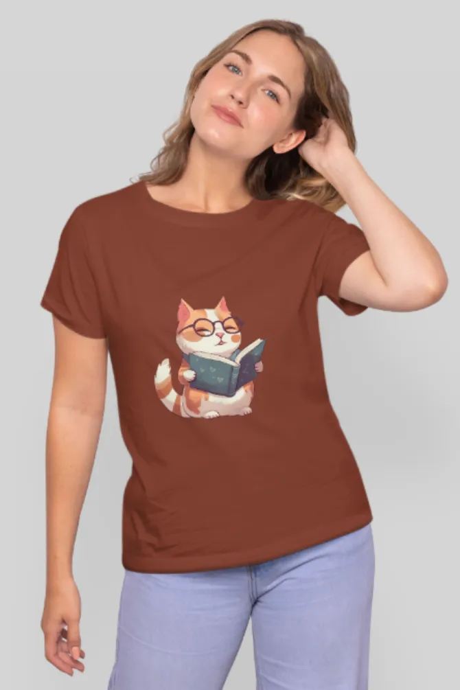 Cat Reading Books Printed T-shirt for women