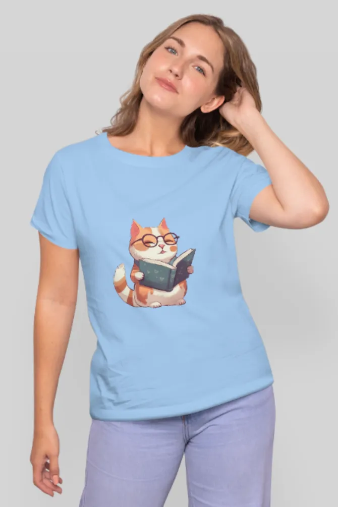 Cat Reading Books Printed T-shirt for women