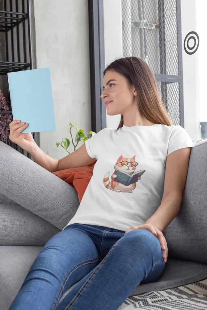 Cat Reading Books Printed T-shirt for women