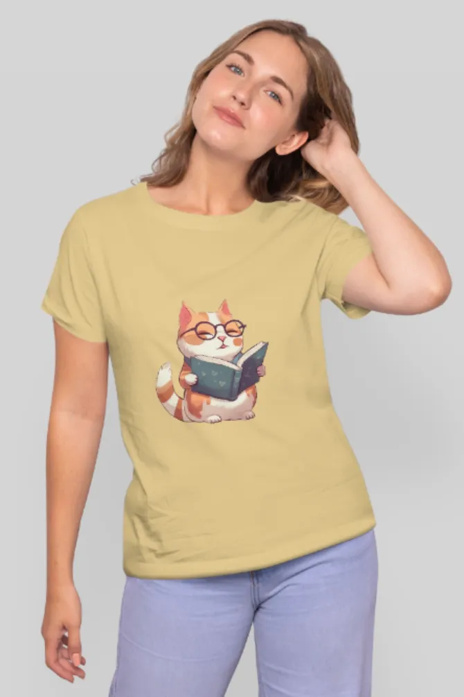 Cat Reading Books Printed T-shirt for women