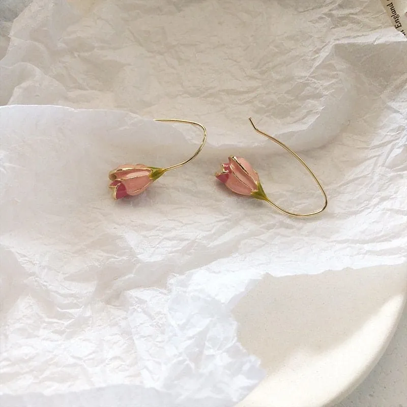 Chic Enamel Pink Tulip Dangle Earrings