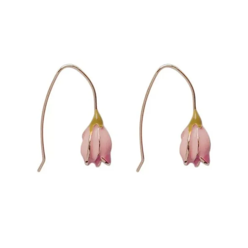 Chic Enamel Pink Tulip Dangle Earrings