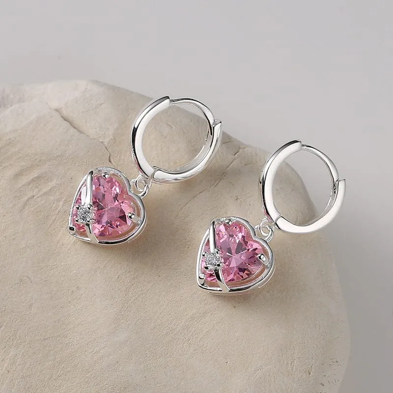 Chic Sweet Pink Crystal Dangle Heart Earrings