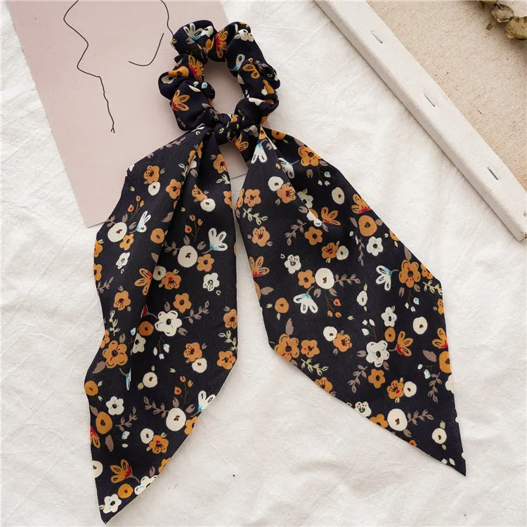 Chiffon Floral Printed Elastic Hair Ponytail Scarf Bow Scrunchies