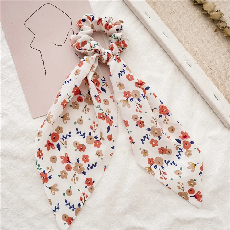 Chiffon Floral Printed Elastic Hair Ponytail Scarf Bow Scrunchies