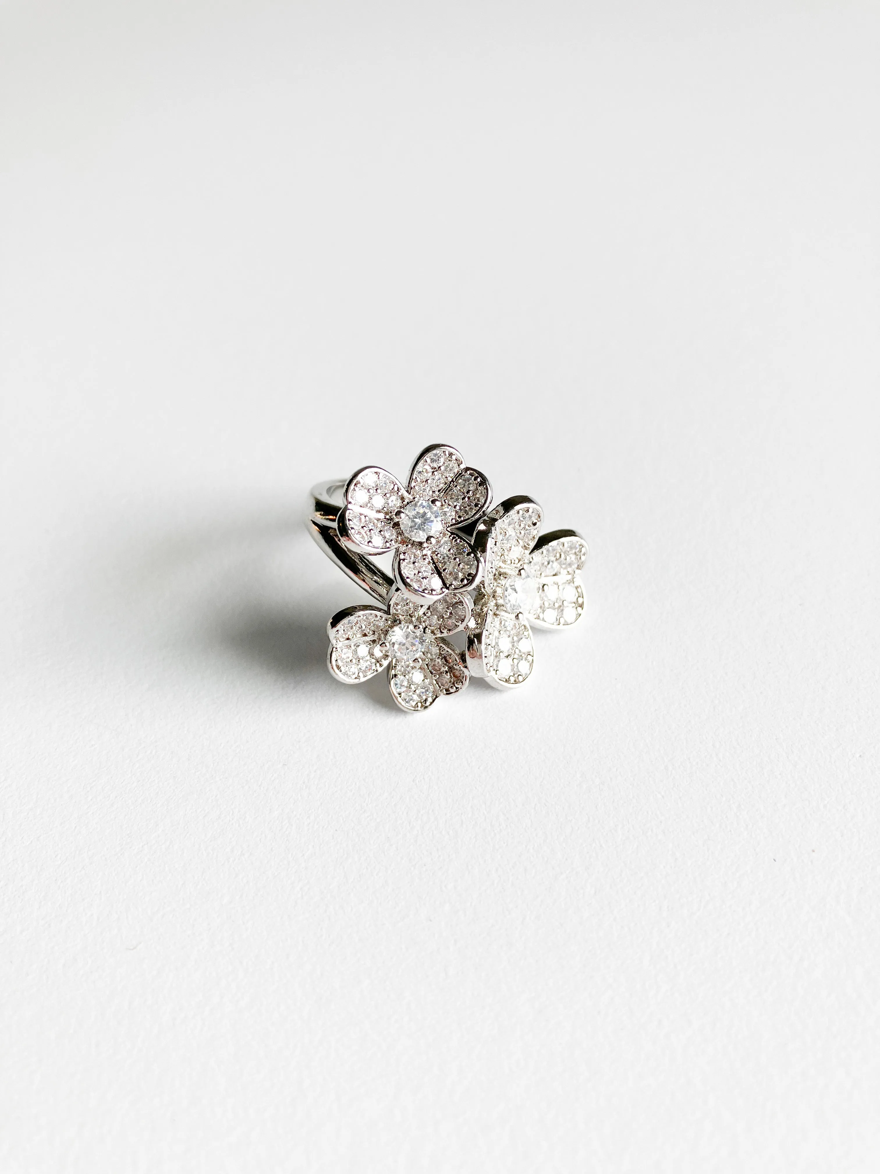 Cubic Zirconia Triple Cluster Clover Ring in Silver