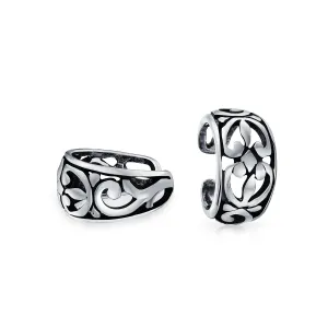 Cutout Filigree Ear Cuff Cartilage Band Flower Leaves Clip Wrap Earrings Silver