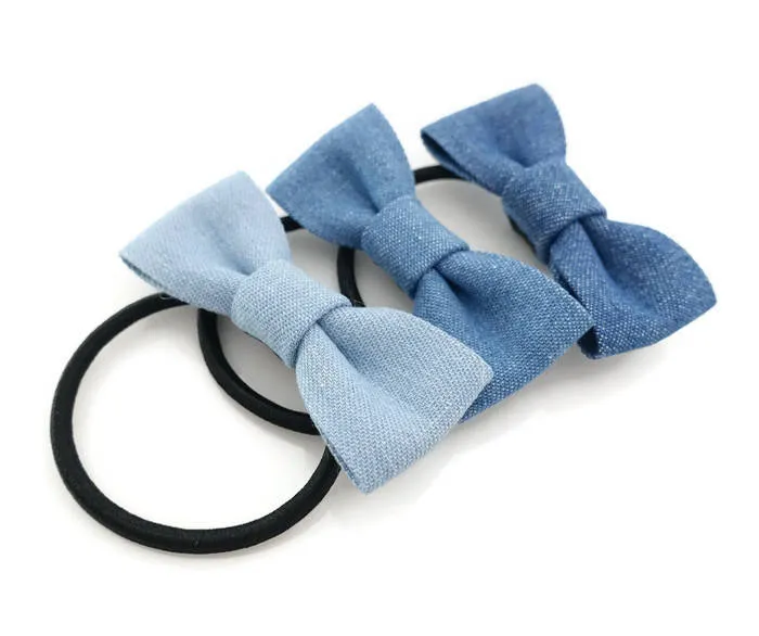 Denim Jean Mini Bow Elastic Ponytail Holder for Women Hair Ties