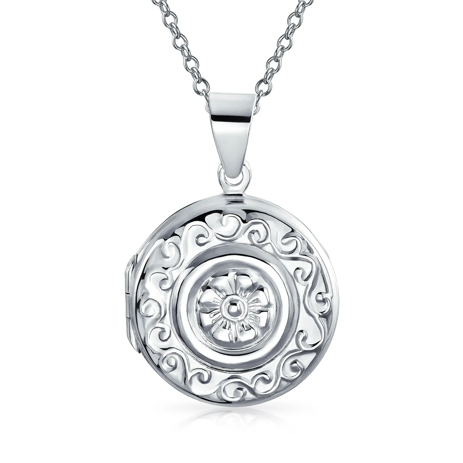 Embossed Boho Scroll Flower Sterling Silver Locket Necklace for Photos