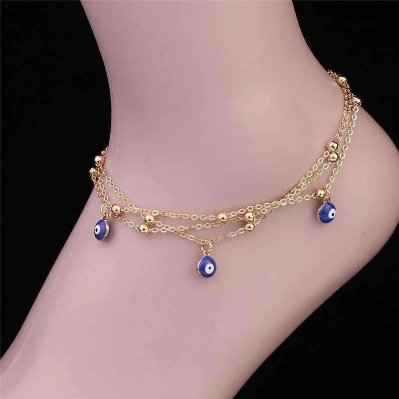 Evil Eye Layered Ankle Bracelet In Silver or Gold For Woman or Teens Casual or Beach Wear