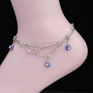 Evil Eye Layered Ankle Bracelet In Silver or Gold For Woman or Teens Casual or Beach Wear