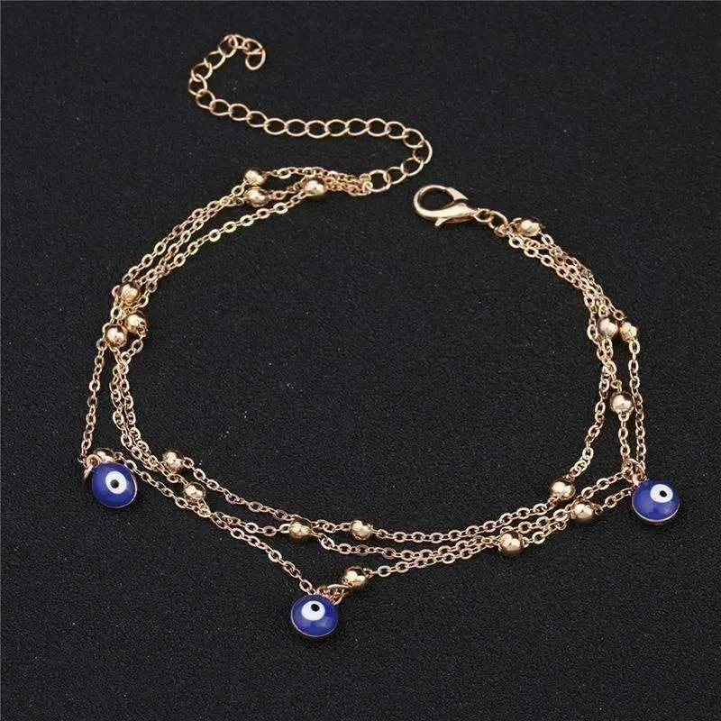 Evil Eye Layered Ankle Bracelet In Silver or Gold For Woman or Teens Casual or Beach Wear