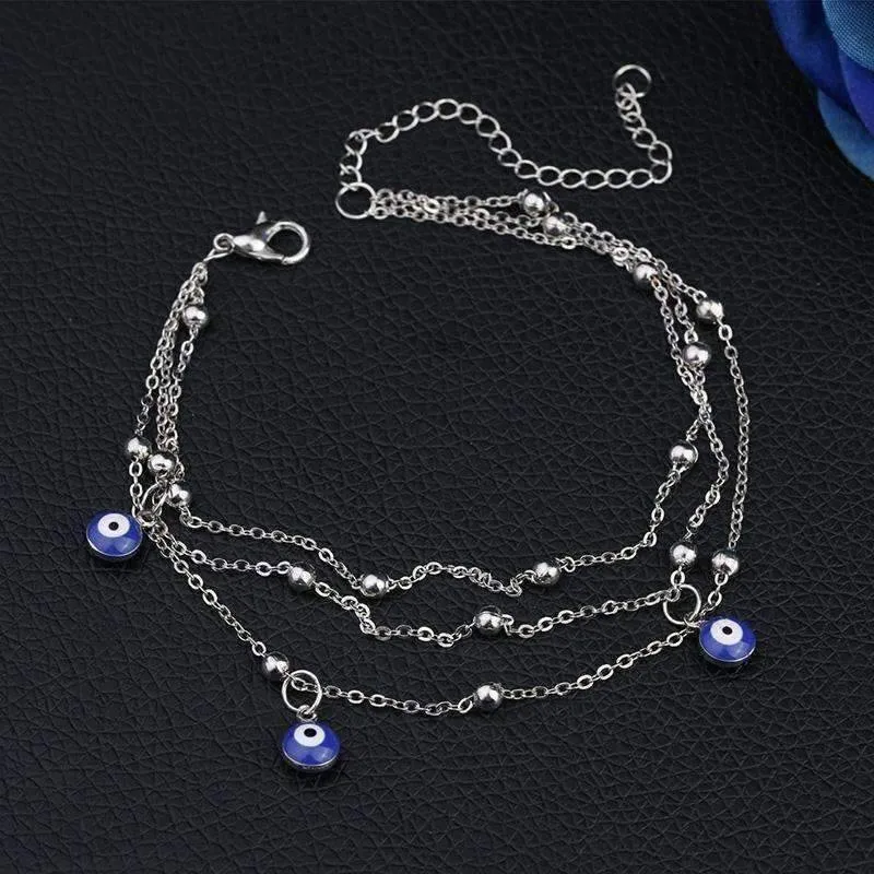 Evil Eye Layered Ankle Bracelet In Silver or Gold For Woman or Teens Casual or Beach Wear