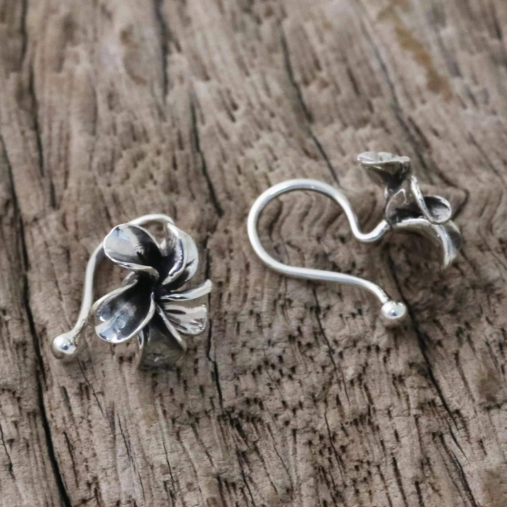 Frangipani Spiral Plumeria Silver Ear Cuffs